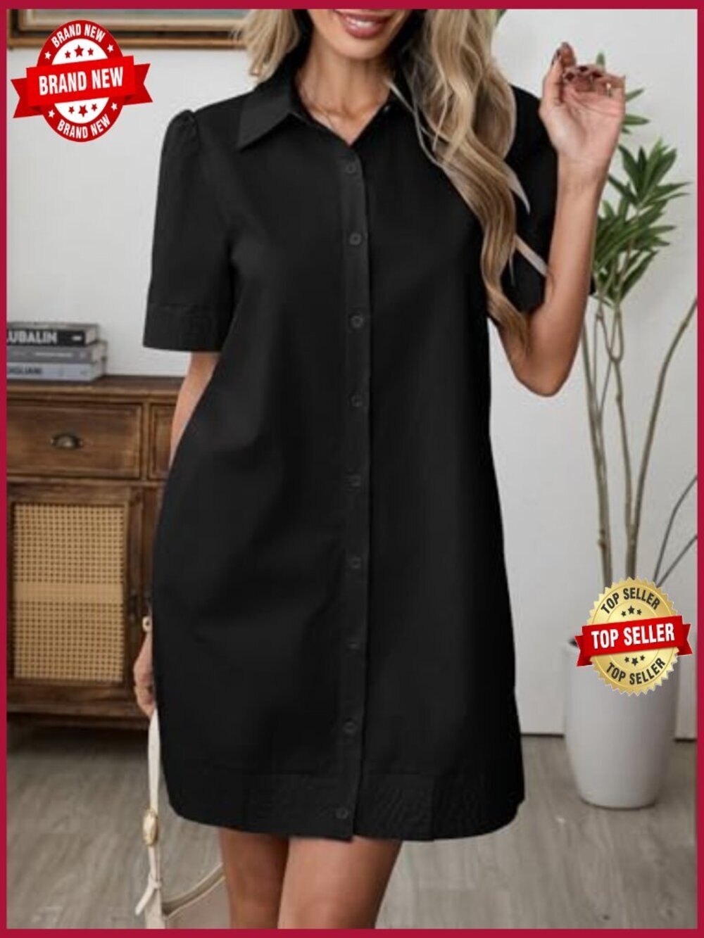 Casual Button Down Mini Shirt Dress Short Sleeve Ruffle Hem Pockets - Picture 5 of 7